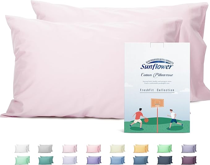 Sunflower Queen Pillowcases Set of 2, 100% Cotton Queen Pillow Cases 2, 20×30 inches Light Pink, Soft and Breathable