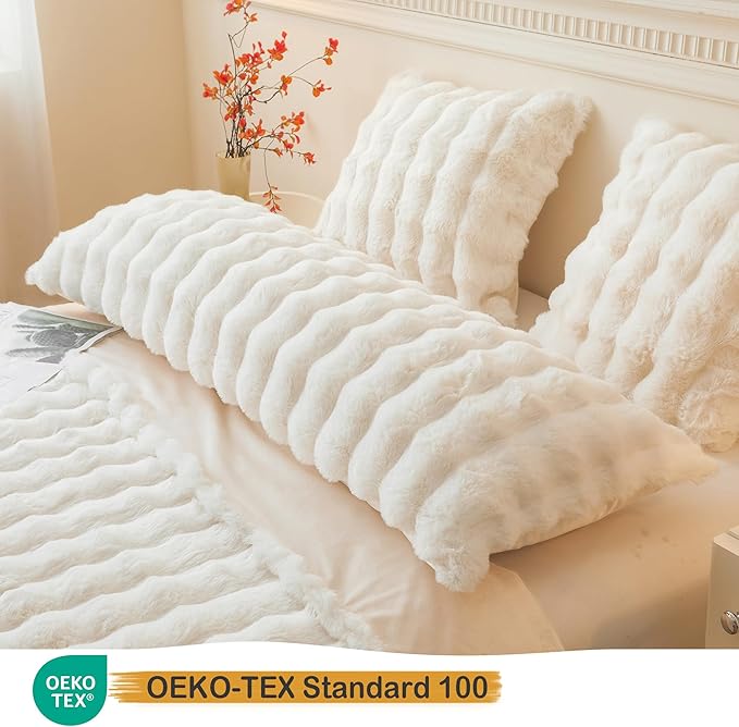 LIFEREVO Fluffy Faux Rabbit Fur Body Pillow Cover, Luxury Ivory Bubble Shaggy Plush Bed Body Pillowcase with Zipper Closure, Long 20"x54" Fuzzy Furry Pillow Case for Adults Kids Girls Teens, Beige