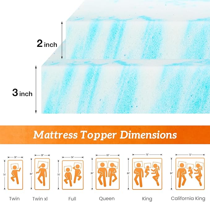 Sweetcrispy Mattress Topper California King, 2 Inch Thick Memory Foam Gel Infused Cooling Toppers Pad for Bed, Sleeper Sofa, RV, Camper, CertiPUR US Certified, Ventilated and Breathable