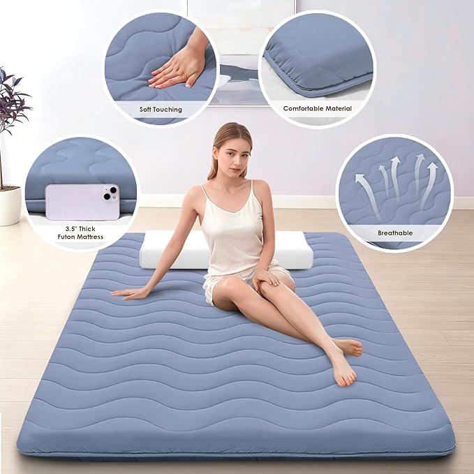 Japanese Floor Mattress, 100% High Density Comfortable Foam, 4" Thicken Foldable Mattress Tatami Mat Sleeping Pad, Ideal for Comfort and Support, Kids Floor Lounger Pillow Bed Sofa, Blue, Queen