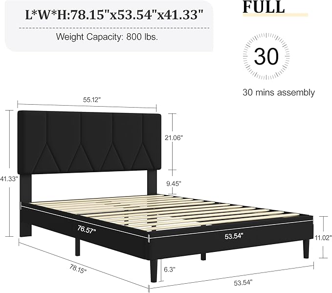 Full Bed Frame, Padded Platform Bed Frame with Velvet Headboard, Vertical Quilted Design, Sturdy Slatted Mattress Base, No Spring Mattress Required, Easy to Assemble, Black