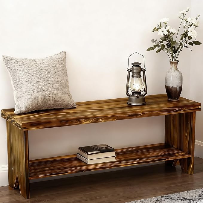 43" Solid Wood Farmhouse Bench, Entryway Bench with Storage Shelf, Vintage Long Rustic Indoor Bench for Bedroom, Entryway, Hallway, Dining