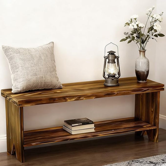 43" Solid Wood Farmhouse Bench, Entryway Bench with Storage Shelf, Vintage Long Rustic Indoor Bench for Bedroom, Entryway, Hallway, Dining