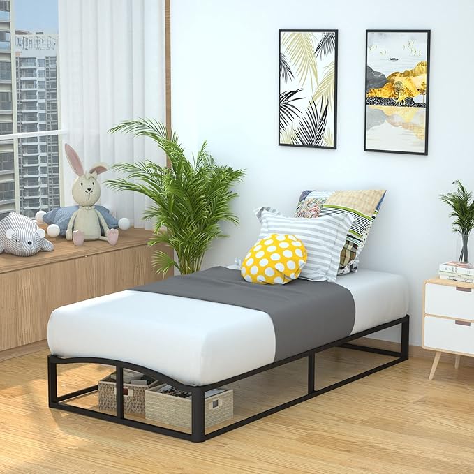 Amazon Basics Durable Metal Platform Bed Frame with Wood Slat Support, 10 inches High, Twin, Black