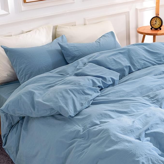 NEXHOME PRO Duvet Cover Set 100% Washed Cotton Full Size Linen Feel Textured Organic Natural 3 Pieces Bedding Set Royal Navy Klein Blue with Zipper Closure and Corner Ties, Breathable