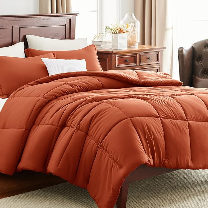 CozyLux King Size Comforter Sets - 270GSM Terracotta Bedding Sets for All Seasons, 3 Pieces Box Stitched Bed Set with 1 Down Alternative Comforter and 2 Pillow Shams, Soft, Lightweight, Durable