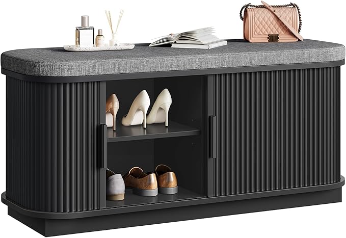 CHOEZON Shoe Storage Bench, Entryway Bench with Storage, Shoe Bench with Cushion and Sliding Door, Fluted Storage Bench, Entry Bench for Entryway, Hallway, Living Room, Bedroom, Black and Gray MHX02BB
