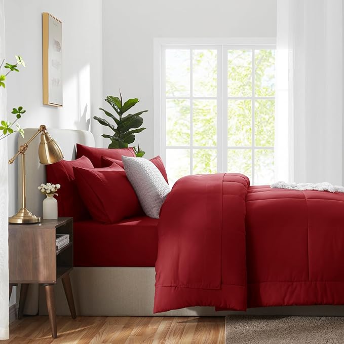 CozyLux Queen Comforter Set Dark Red, 7 Pieces Bed in a Bag, Red Comforters Queen Size, All Season Bedding Sets with Stitch Quilted Comforter, Flat Sheet, Fitted Sheet, Pillowcases