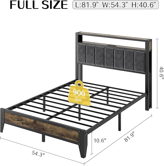 OLEVS Full Bed Frame with Headboard, Metal Platform Bed Full Size with 2-Tier Storage, LED Light & Charging Station Type C, No Box Spring Needed