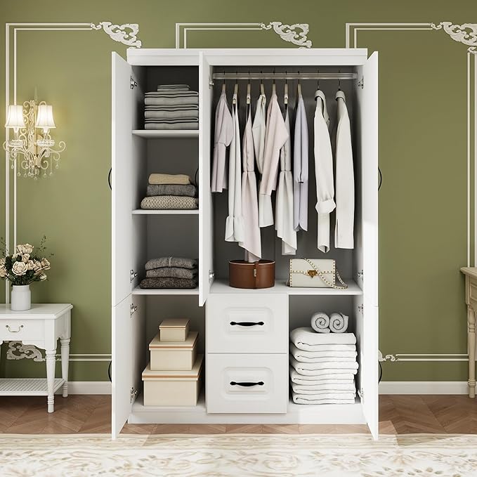 Armoire Wardrobe Closet 3 Door: Wooden White Bedroom Armoire Storage Cabinet for Large Capacity Armoire and Wardrobe Closet Wood with 2 Drawers Hanging Rail Shelves