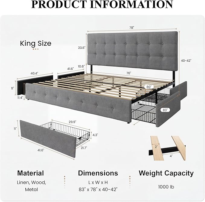 SHA CERLIN Upholstered King Size Platform Bed Frame with 4 Storage Drawers, Adjustable Headboard with Square Stitched Button Tufted Design, Wooden Slat Support, No Box Spring Needed, Light Grey
