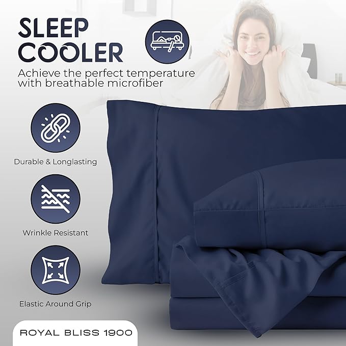 Full Size Bed Sheets – 4Pcs Bed Sheets Full Size Set, Deep Pocket, Double Brushed Microfiber, Fade Resistant, Soft & Breathable for Cozy and Comfortable Sleep(Navy Blue)
