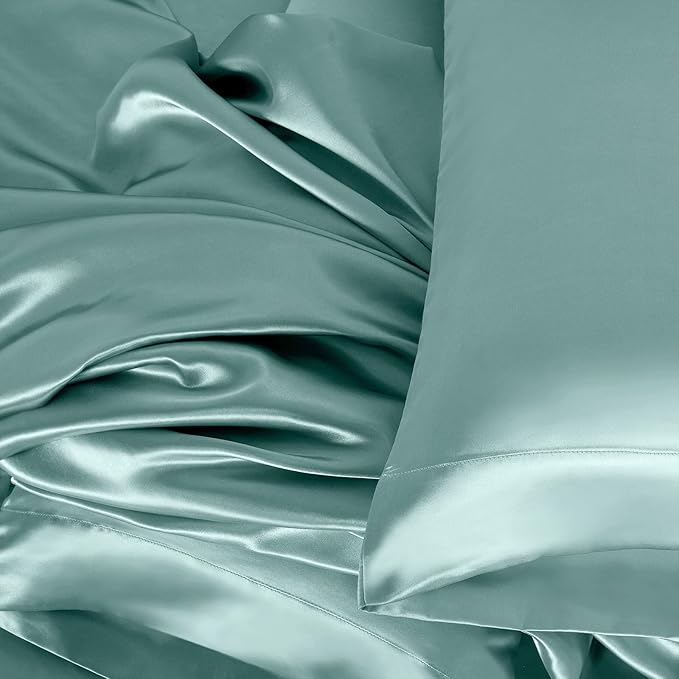 Homiest 4pcs Satin Sheets Set Luxury Silky Satin Bedding Set with Deep Pocket, 1 Fitted Sheet + 1 Flat Sheet + 2 Pillowcases (King Size, Greyish Green)