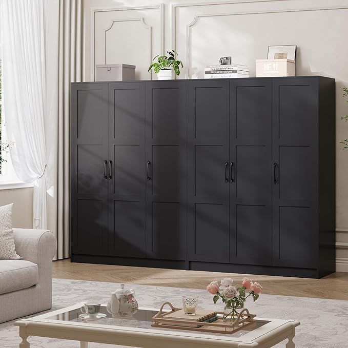 Garvee 3 Doors Wooden Wardrobe Closet, Morden Wardrobe Armoire with Doors and Shelves, Standing Closet Cabinet for Hanging Clothes, Large Capacity Storage Cabinet for Bedroom, Black