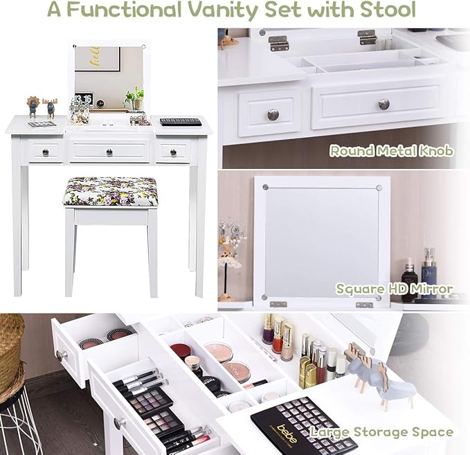 CHARMAID Makeup Vanity Desk with Flip Top Mirror, 3 Drawers, 7 Storage Compartments, White Writing Desk Dressing Table Vanity Set with Cushioned Stool for Girls Women, Easy Assembly