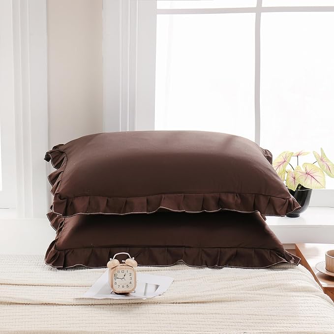 Merryword Dark Brown Pillow Shams Chocolate King Pillowcases Cute Pillow Cover Set of 2 Soft Shabby Chic Ruffled Pillowcases 2 Pack (King (20''x36''), Chocolate)