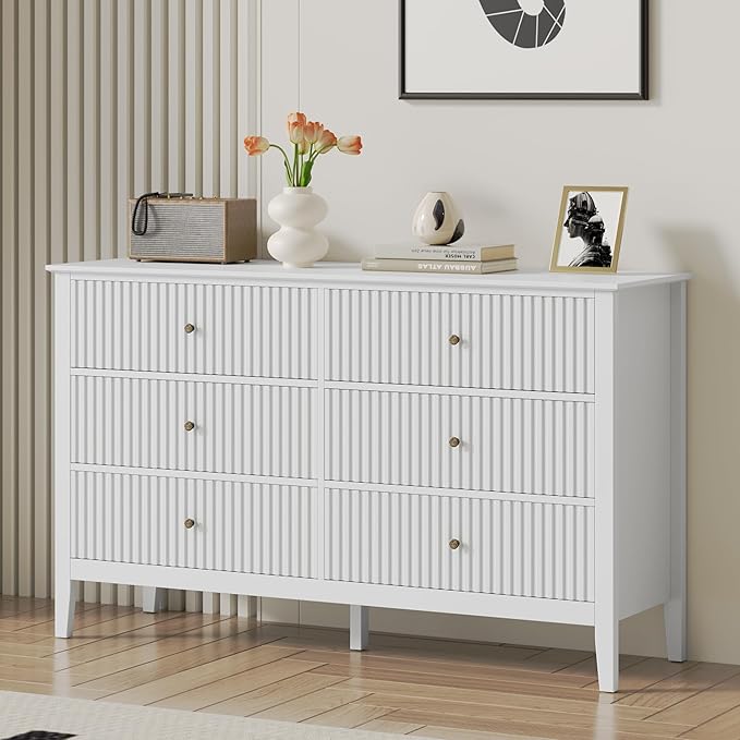 FansaFurn White Dresser Fluted 6 Drawer Dresser Wide Modern Chest of Drawers Large Closet Dressers Wood Storage Dressers Organizer Storage Cabinet for Bedroom Living Room Hallway Entryway