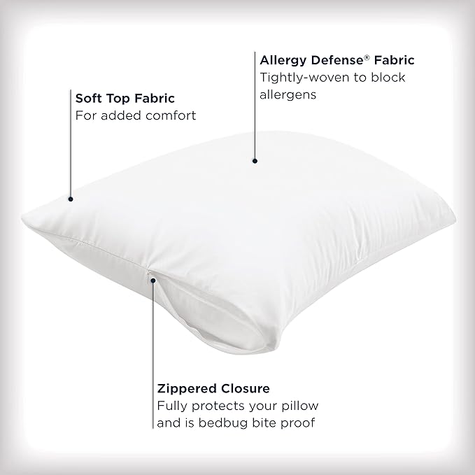 Set of 2 Standard/Queen AllerEase Pillow Protectors - Moisture Wicking, Advanced Allergy Protection - Premium Polyester, Zippered Protectors