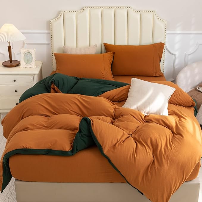 PURE ERA Jersey Knit Duvet Cover Set 100% T-Shirt Cotton Super Soft Comfy 3pc Bedding Set with Zipper Closure (Solid Forest Green/Burnt Orange, King)