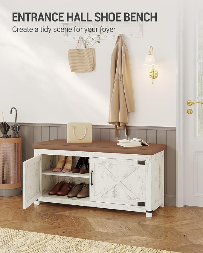 Hzuaneri Shoe Storage Bench, 2 Tier Shoe Bench with Padded Seat Cushion & 2 Barn Doors, Entryway Bench with Adjustable Shelf, Farmhouse Shoe Cabinet for Living Room, Bedroom, Antique White SB26614KA