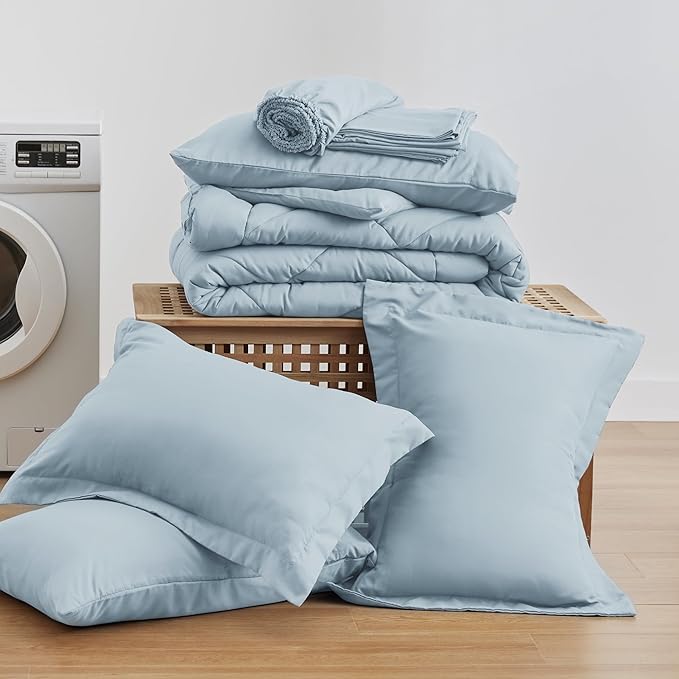 Love's cabin Queen Comforter Set Light Blue, 7 Pieces Queen Bed in a Bag, All Season Bedding Sets with 1 Comforter, 1 Flat Sheet, 1 Fitted Sheet, 2 Pillowcase and 2 Pillow Sham | Soft, Breathable, Lightweight, Comfortable