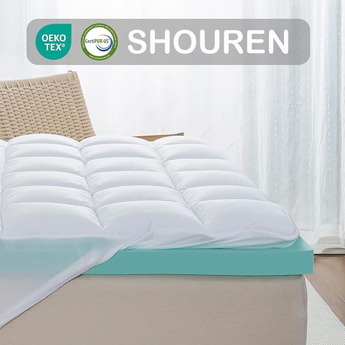 Memory Foam Mattress Topper 2inch+2inch Queen Size, Pressure-Relieving Bed Topper with Secure Strap Design for Back Pain, Soft and Supportive, Shredded Memory Foam