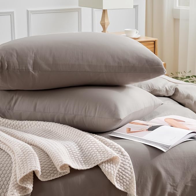 NEXHOME PRO Duvet Cover Full 100% Washed Cotton Linen Feel Textured Organic Natural 3 Pieces Bedding Set with Zipper Closure and Corner Ties, Breathable(Taupe Grey)