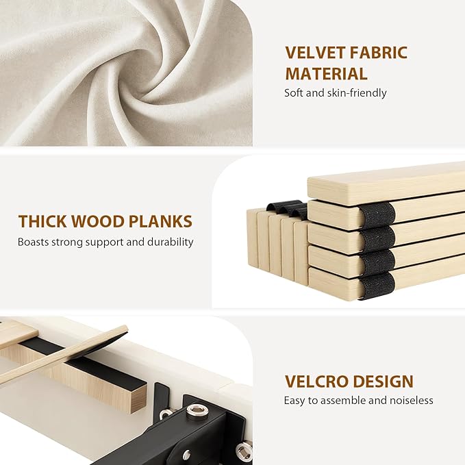 EVLIQUIL Bed Frame Queen Size with 4 Storage Drawers, Upholstered Headboard & Frame, Sturdy Metal Frame & Wood Slats, Platform Bed Frame No Box Spring Needed, Easy Assembly, Beige