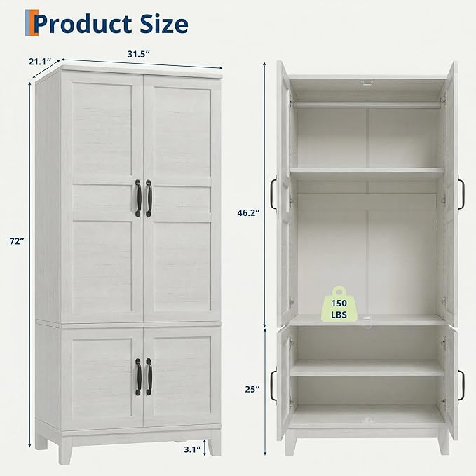 IDEALHOUSE Armoire Wardrobe Closet with 4 Doors, 72" Tall Wooden Clothing Wardrobe with Hanging Rod & DIY Adjustable Shelf, Heavy Duty Bedroom Armoire Storage Cabinet, Rustic White