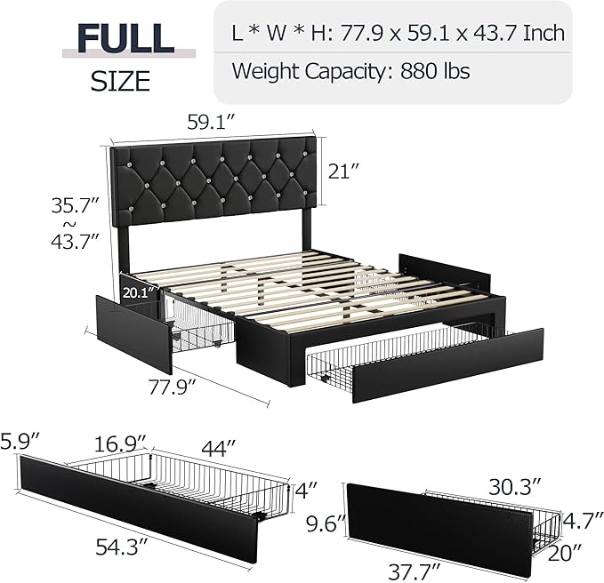 VECELO Full Size Bed Frame with 3 Storage Drawers, Leather Upholstered with Diamond Tufted Headboard, Solid Wood Slat Support & Steel Framework, Black