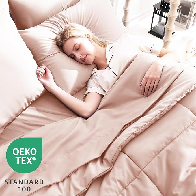 CozyLux Oversized King Comforter Sets Blush Pink, 7 Pieces Bed in a Bag, Ultra-Soft All Season Bedding Sets with Stitch Quilted Comforter, Flat Sheet, Fitted Sheet, Pillowcases