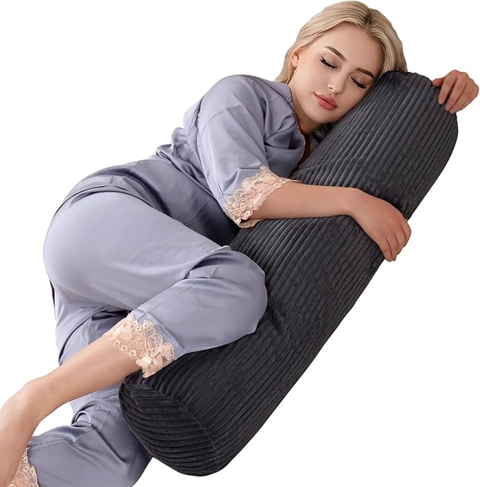 1 MIDDLE ONE Body Pillow for Adults, Long Bolster Pillow for Bed, Decorative Round Roll Hug Pillow with Corduroy Cover (Dark Grey, 35x7.87 Inch)