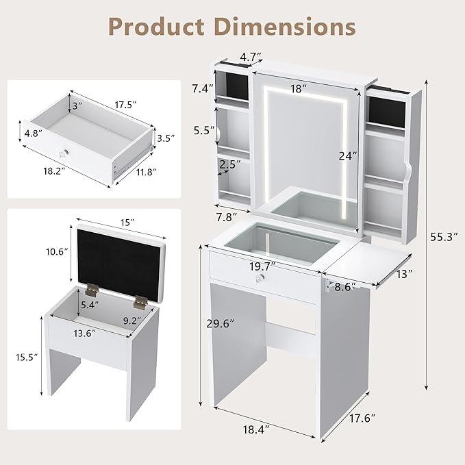 Einhomn Small Vanity Desk Set with Mirror and Lights, Glass Top Vanity with Storage, Compact Makeup Dressing Table with Stool and 2 Hidden Pull-Out Cabinets, for Bedroom, Saving Space, White