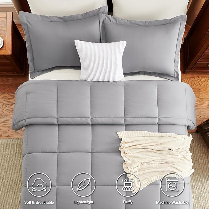 CozyLux Full Size Comforter Sets - 270GSM Grey Bedding Sets for All Seasons, 3 Pieces Box Stitched Bed Set with 1 Down Alternative Comforter and 2 Pillow Shams, Soft, Lightweight, Breathable