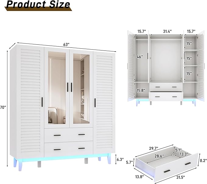 jiteentarou 4 Door Armoire Wardrobe Closet Cabinet with Drawers and LED Lights, Multi-Tier Shelves, Hanging Rod & 4 Louver Doors, Large Capacity Storage Wardrobe Armoire for Bedroom(4 Doors White) | 4 Door, Armoire, with Drawers, LED Lights, Multi-Tier...