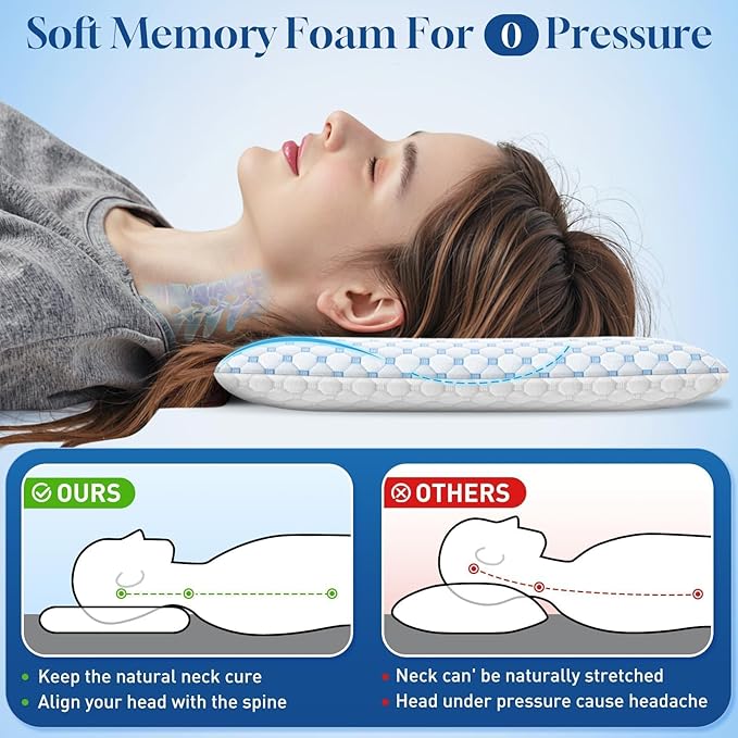 CloudBliss Ultra Slim 3.3” Pillows for Side | Back | Stomach Sleepers, Memory Foam Flat Pillow, Low Profile Sleeper Pillows with Double Sided Comfortable Breathable Pillow Cover, Queen