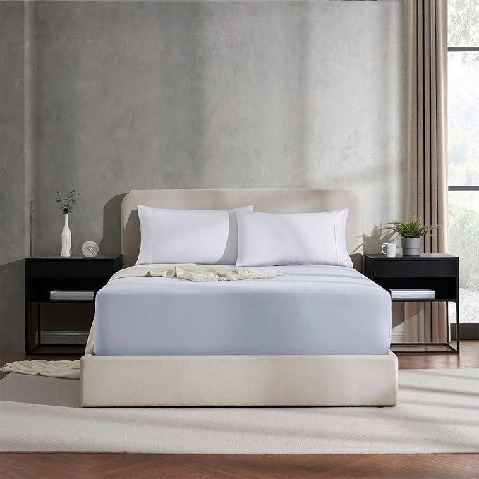 Nestl Ice Blue Extra Deep Pocket Fitted Sheet Queen, Hotel Luxury Queen Fitted Sheet Only Easily Fits 18 to 24 Inch Mattress, Super Soft, Wrinkle-Free, and Breathable Bottom Sheets with Corner Straps