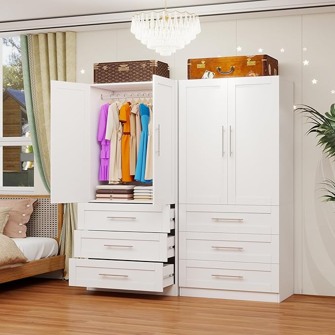 Armoire Wardrobe Closet with 3 Deep Drawers and Doors 71" Clothing Storage Cabinet with Hanging Rod Wooden Wardrobe Cabinet for Bedroom, Large Capacity Storage White