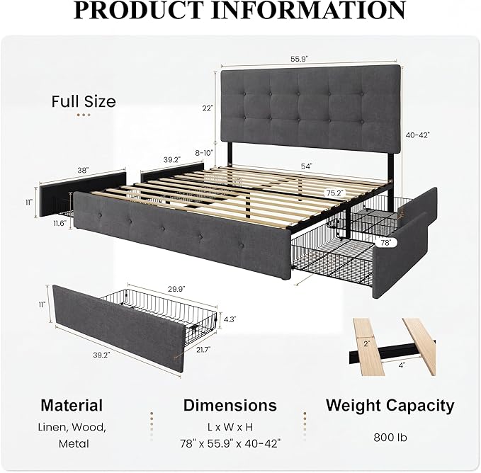 SHA CERLIN Upholstered Full Size Platform Bed Frame with 4 Storage Drawers, Adjustable Headboard with Square Stitched Button Tufted Design, Wooden Slat Support, No Box Spring Needed, Dark Grey
