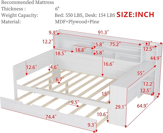 Merax Full Size Corner Bed Frames with Desk and Trundle & Storage Shelves Headboard, Pinewood U-Shaped Captain Daybed, Full Corner Bed Frames for Small Room, Bedroom, Guest Room, Kids' Room, White
