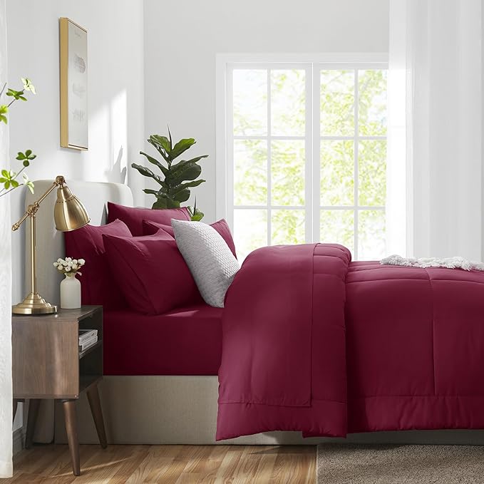 CozyLux Queen Comforter Set Burgundy, 7 Pieces Bed in a Bag, Red Comforters Queen Size, All Season Bedding Sets with Stitch Quilted Comforter, Flat Sheet, Fitted Sheet, Pillowcases