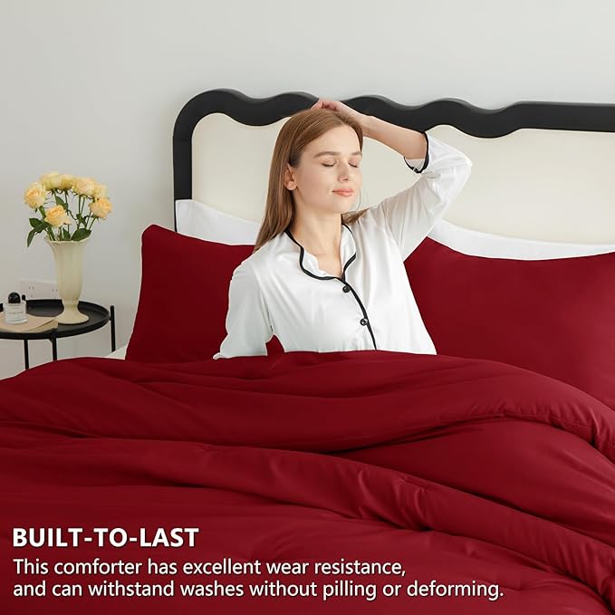 CozyLux Full Size Comforter Set Dark Red, 3 Pieces Solid Breathable Quilted Bedding Sets, Luxury Lightweight Soft Bed Set with Down Alternative Comforter and 2 Pillowcases for All Seasons
