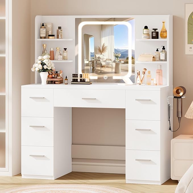 LIVELYGLOW White Large Makeup Vanity Desk with Smart LED Mirror & Power Station, 43" Professional Dressing Table with 7 Drawers, 4 Open Shelves & Hairdryer Holder for Bedroom