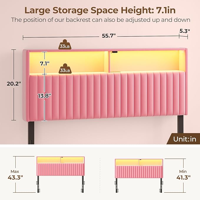 Rolanstar Headboard for Full Size Bed with Storage, Head Board with USB & Type C Port, 60,000 DIY Color of LED Light, Velvet Upholstered, Height Adjustable, Sturdy, Easy Assembly, Pink