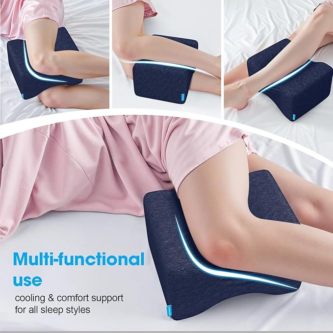 Knee Pillow for Side Sleepers with Cooling Gel, Memory Foam Elevation Pillow for Spine Aligning, Sciatica, Back, Hip, Knee, Ankle Pain, Blue/Regular