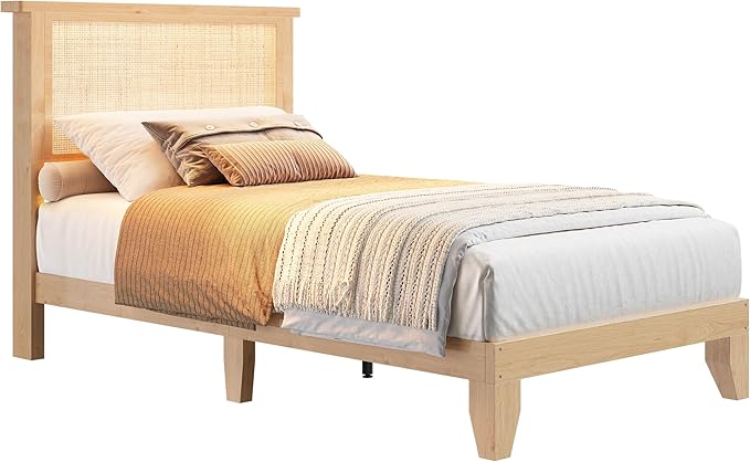 Garvee Twin Rattan Bed Frame, Bohemian Rattan Bed Frame Twin with Natural Headboard, LED Lights, No Box Spring Needed