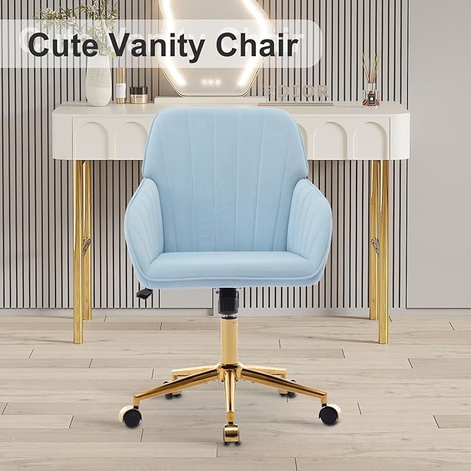 Velvet Vanity Chair with Wheels, Height Adjustable Swivel Makeup Chair, Armless Small Desk Chair for Bedroom/Office/Vanity Table, 250 lbs Capacity (Velvet, Blue-2)