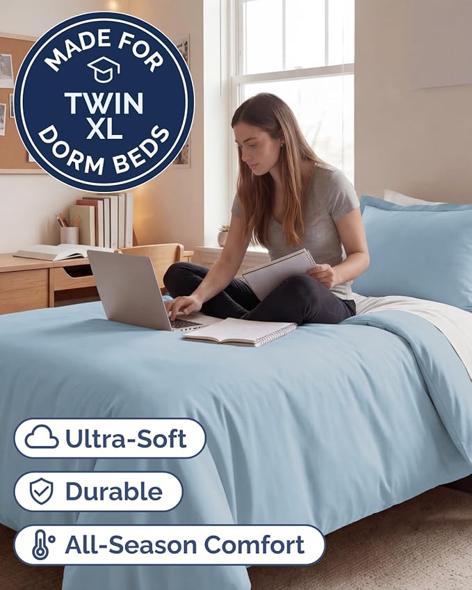 Duvet Cover Twin/Twin XL Size Set - Extra Soft Twin/Twin XL Duvet Cover 68" x 90" with 1 Pillow Sham - Hotel Luxury, Easy Care, Fade Free w/ Zipper Closures & Ties - Comfy & Breathable (Light Blue)
