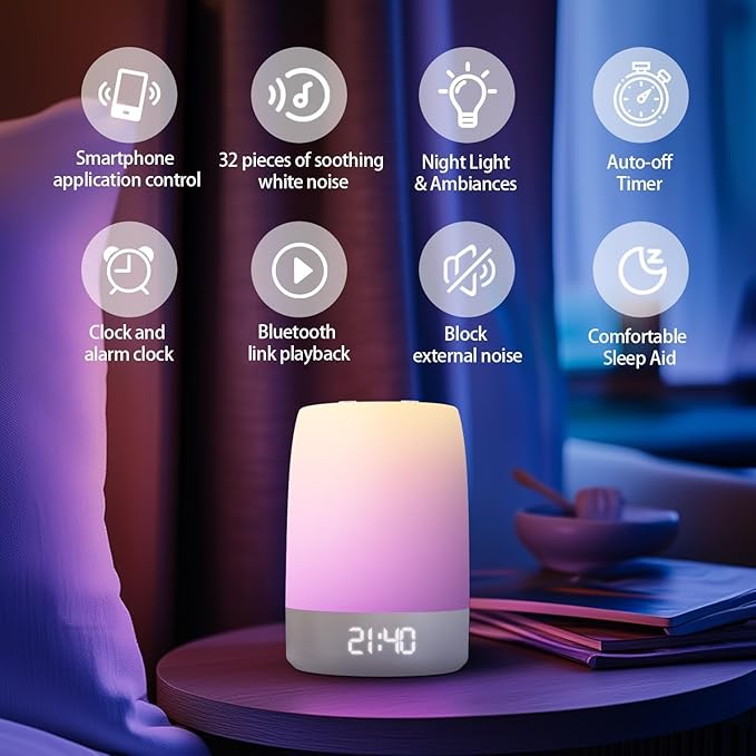 Sound Machine White Noise Machine with 32 Soothing Sounds, Bluetooth Speaker Alarm Clocks for Bedrooms with Wake up Light, Night Light for Kids, App Control Birthday Gifts for Teenage Girls Boys Women