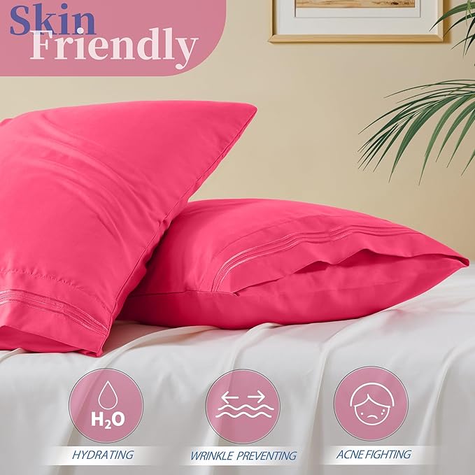 Vonty 2 Pack Standard Pillow Cases - 20x26 Inch, 1800 Thread Count Microfiber Pillowcases Standard Size Hot Pink Pillow Cases Luxury & Soft Embroidered Bed Pillow Covers with Envelope Closure